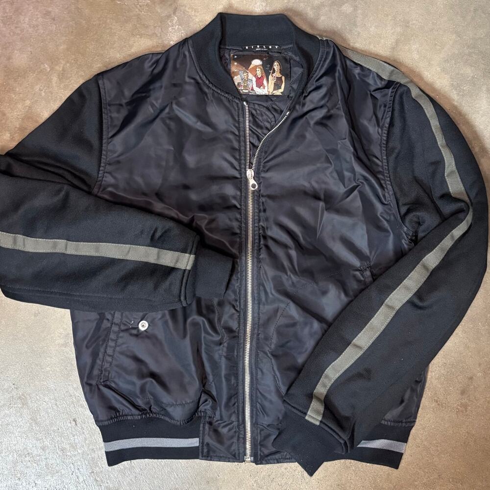 Sisley Black Full Zip Bomber Track Jacket Stripe Men Sz M